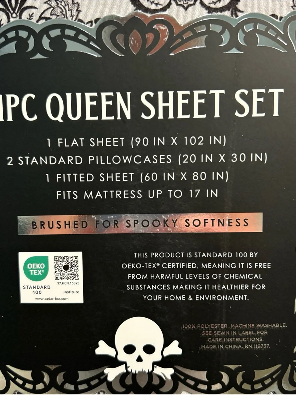 Madame Bones Queen Sheet Set Black Gray Skull Bat Damask Spooky Halloween